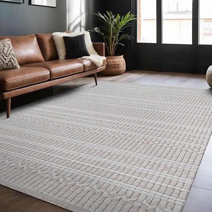 Modern Indoor Rug Stripe 6x9 Area Rugs for Living Room Luxury Kitchen Bedroom Durable Soft Geometric Durable Low and High Pile Stain Resistant Non Shedding Area Carpet 6x9