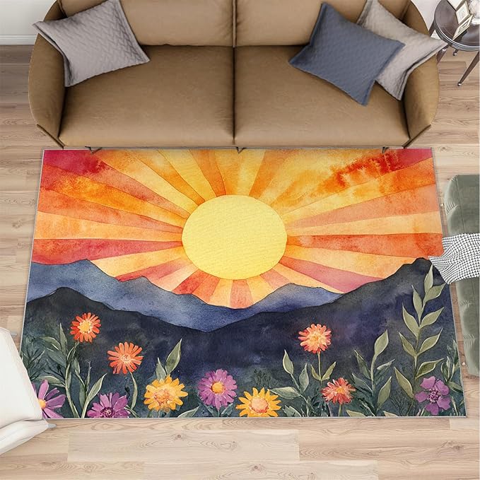 Boho Sun Area Rugs 6x9ft, Radiant Sunburst Fluffie Rugs for Living Room, Geometric Solar Nursery Rug with Under Rug Non Slip Tape for Bedroom Kids Room