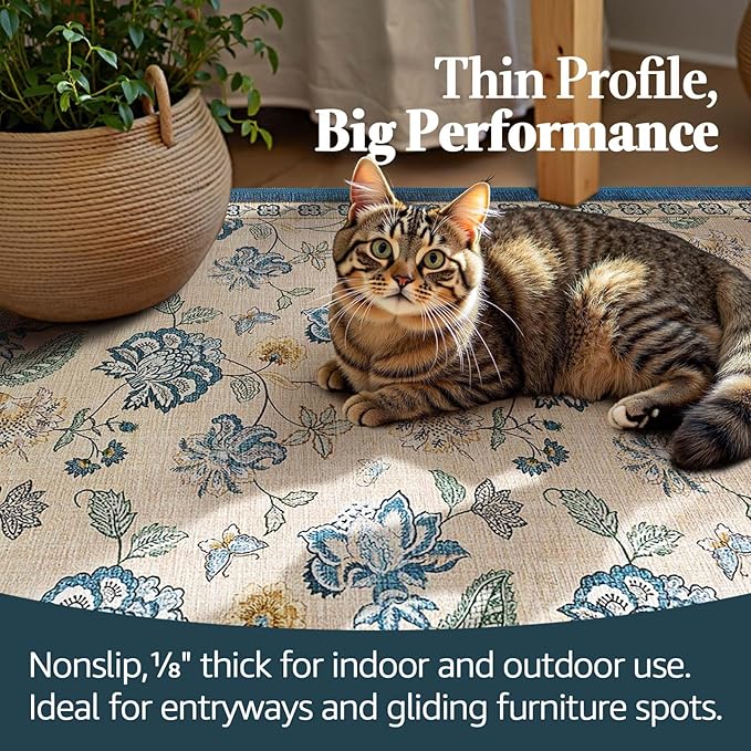 jinchan Elora 8x10 Floral Rug for Living Room Washable Bedroom Rug Vintage Romance Design Non Slip Thin Indoor Floor Cover Large Low-Profile Throw Carpet for Dining Room Office, Blue/Beige