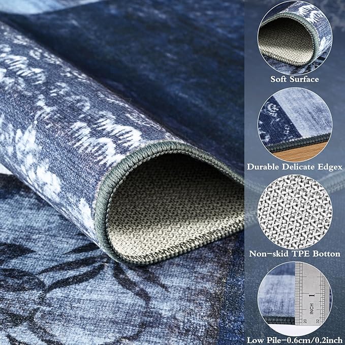 DweIke Washable Area Rugs for Living Room, 6x9 Large Bedroom Rugs, Geometric Print Non Slip Low Pile Indoor Throw Carpets for Bedroom Apartment Dining Room Home Office Hardwood Floor, Navy Blue