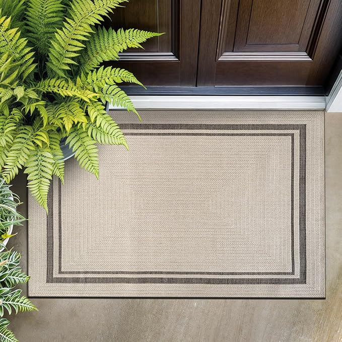 Beverly Rug Easy Jute Bordered Entry Rug 2x3 Washable Durable Indoor Outdoor Area Rugs for Living Dining Room Patio Office Stain Resistant Non Shedding Casual Indoor Outside Carpet 2 x 3 Off-White