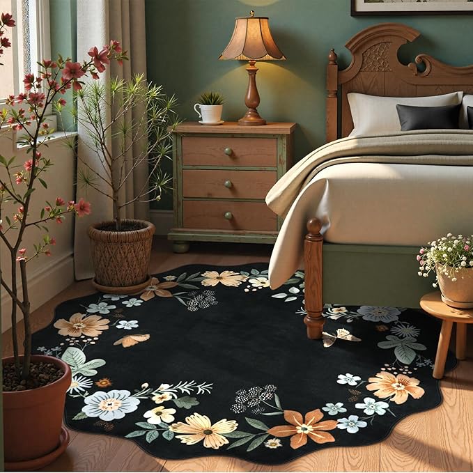Lahome Floral Washable Round Area Rug, Soft Round Rugs 6ft Ultra-Thin Non-Slip, Boho Large Circle Carpet for Bedroom Living Room Kitchen Nursery, Black/Grey