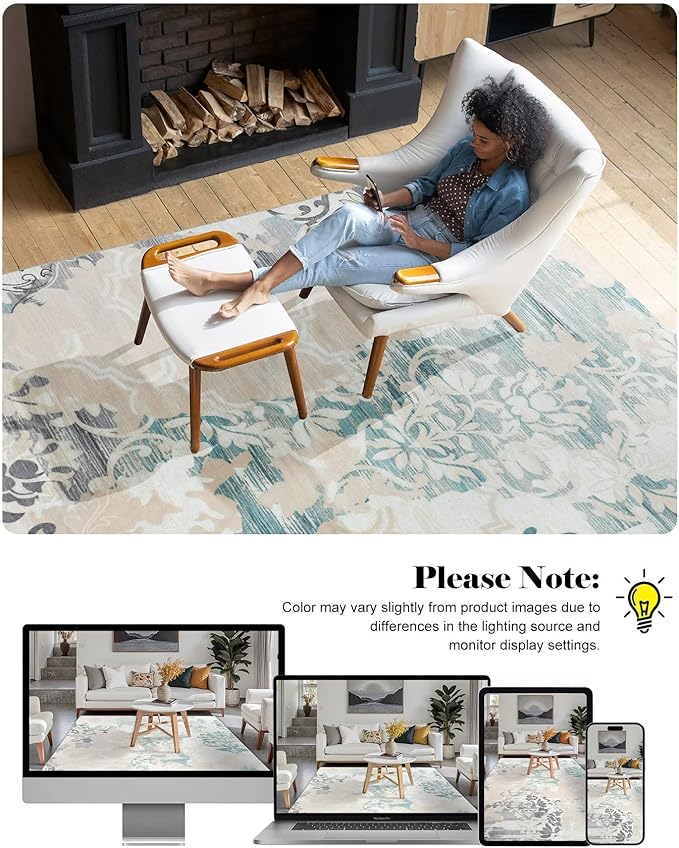 Washable Abstract Rug, 6x9 Ivory and Aqua Floral Area Rugs with Non-Slip Rubber Backed for Living Room, Low Pile Modern Throw Carpet Bedroom Dining Room Decor