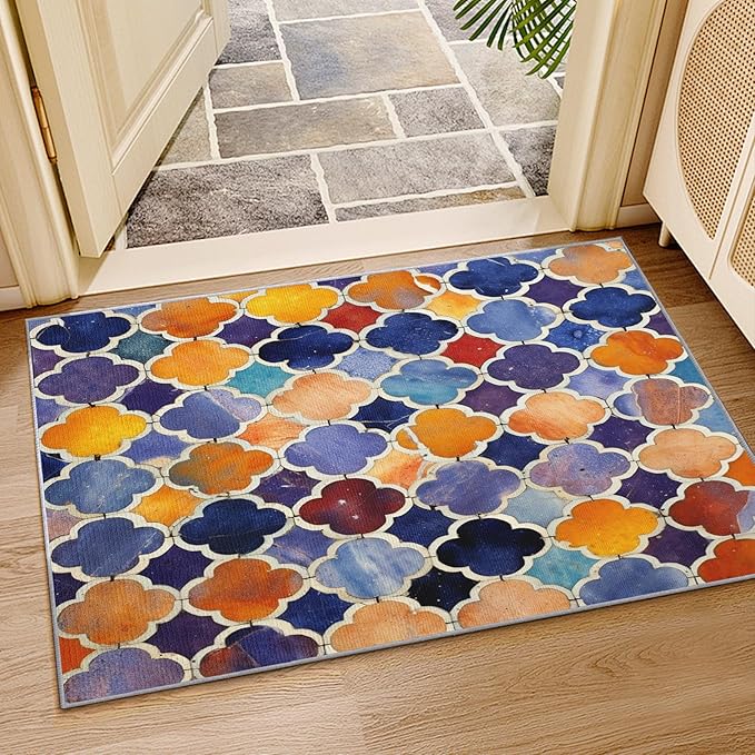 Moroccan Rugs for Living Room - 5x7 Area Rugs, Moroccan Trellis Rug, Colorful Geometric Rug for Living Room, Oriental Tile Washable Bedroom Carpet, Traditional Patchwork Home Decor & Gifts
