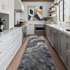 Abstract 2x6 Runner Rug: Modern Washable Rug for Entryway Hallway Bedside Kitchen Indoor - Non Slip Thin Low Pile - Black Gold