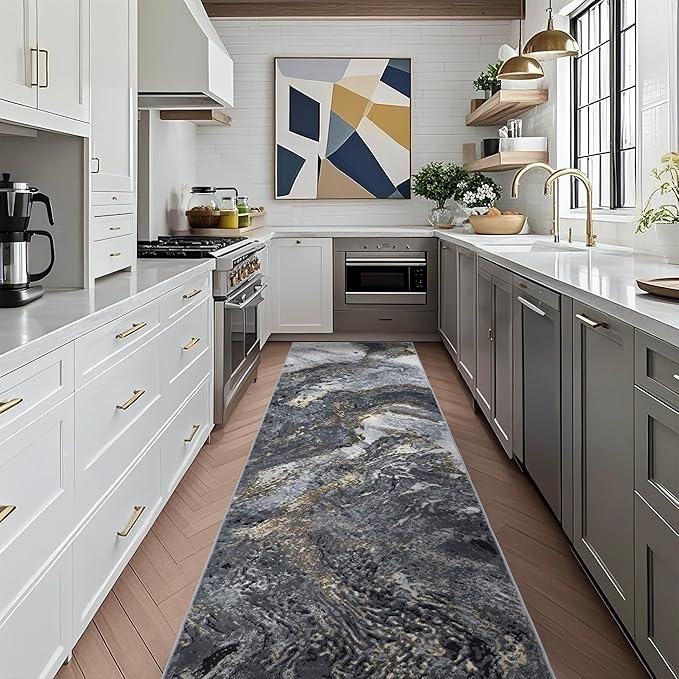 Abstract 2x6 Runner Rug: Modern Washable Rug for Entryway Hallway Bedside Kitchen Indoor - Non Slip Thin Low Pile - Black Gold