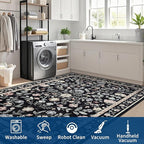 5x7 Washable Non-Slip Rug, Vintage Floral Area Rug for Living Room, Low Pile Farmhouse Distressed Carpet for Nursery Playroom Dorm Teens Office, Black
