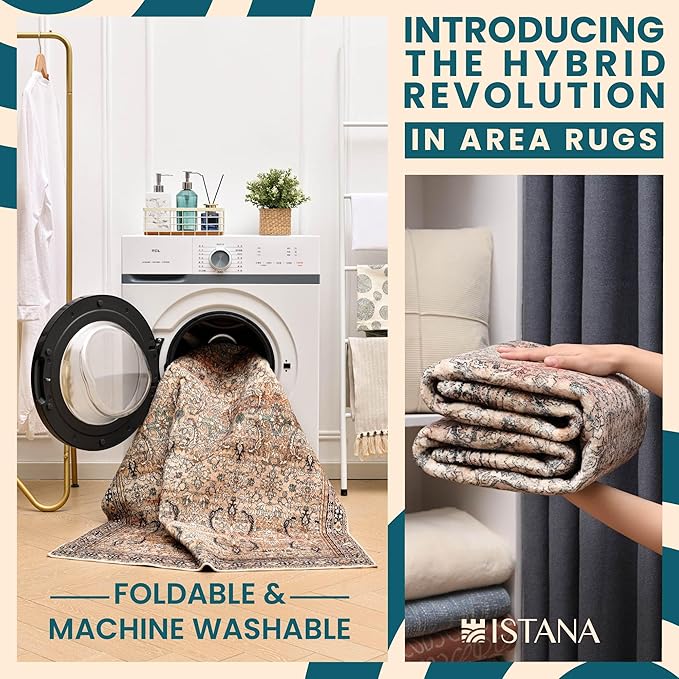 Istana 4x6 Rug - Olive & Charcoal Area Rugs 4x6 - Kid & Pet Friendly Machine Washable Rugs - 4 x 6 Area Rug Non Slip & Non Shedding Area Rug - Foldable Rug for Room for Bedroom