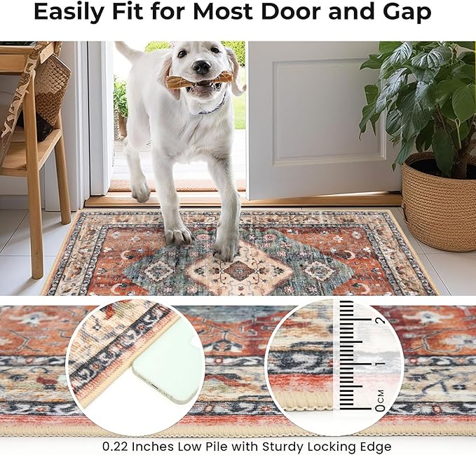 KOZYFLY Boho Area Rug 8x10 Ft Thin Rugs for Living Room Washable Bedroom Rug Non Slip Rugs for Living Room Rust/Orange/Blue Printed Faux Wool Vintage Bedroom Rug Floor Carpet for Dining Room