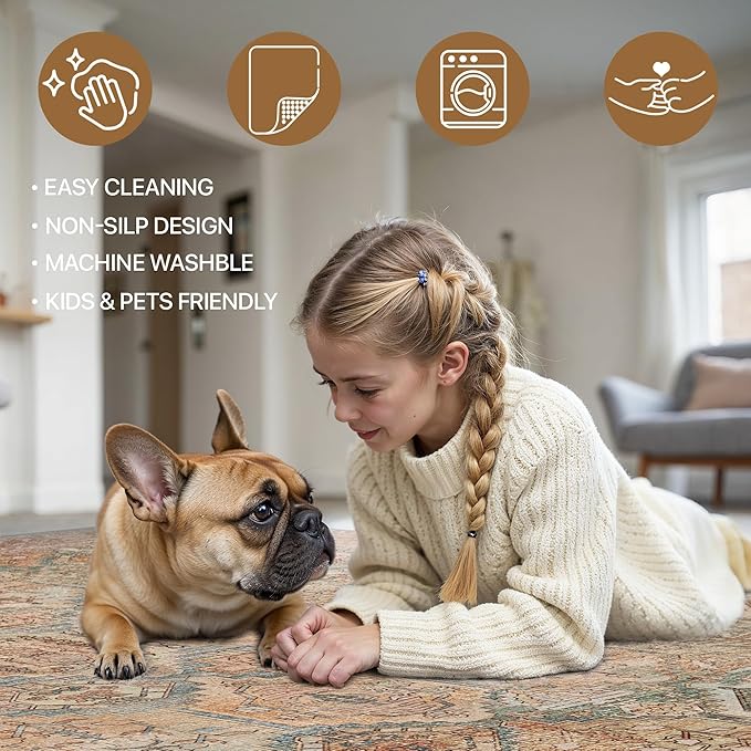 Bavni Washable Rug 5x7 Area Rug for Living Room Bedroom Dining, Washable Vintage Print Carpet, Ultra-Thin Chenille Low Pile Lightweight Rug with Non Slip Backing, Clay