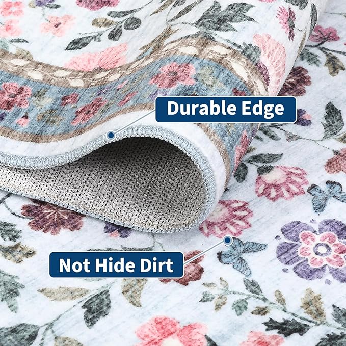 5x7 Washable Non-Slip Rug, Vintage Floral Area Rug for Living Room, Low Pile Farmhouse Distressed Carpet for Nursery Playroom Dorm Teens Office, Light Blue