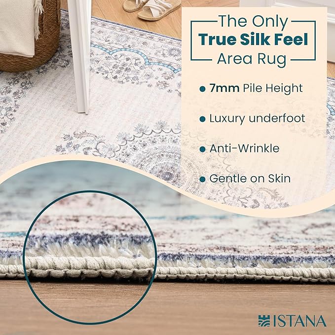 Istana Hallway Runner Rug 2x8 – Pink Beige Whisper/Grey/Blue Entryway Rug -Silk's Soft Touch Runners for Hallways - Stylish Kitchen Runner Rug Non Slip
