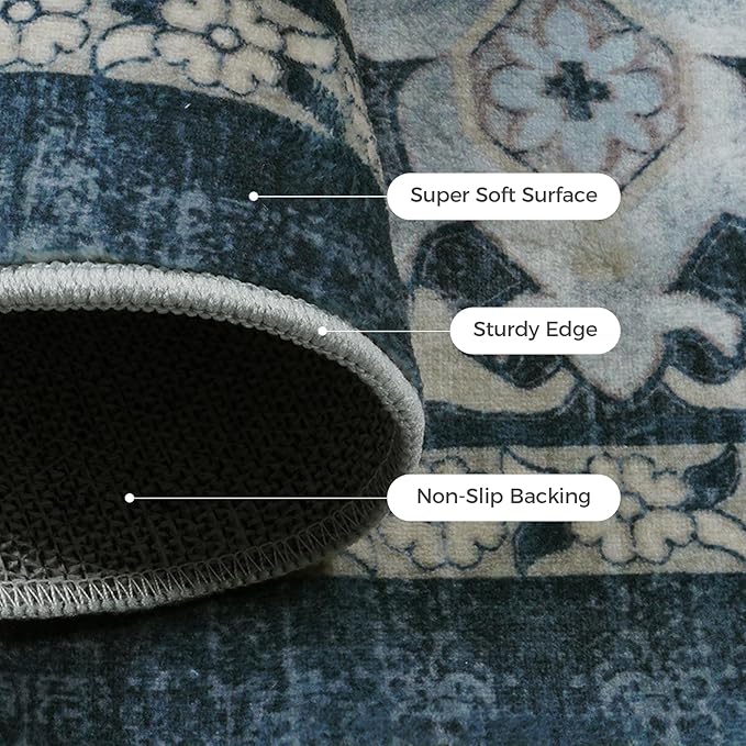 LIVEBOX Washable Area Rug 8x10 - Large Blue Boho Living Room Rug Vintage Rugs for Bedroom, Non-Slip Retro Floral Carpet Print Distressed Accent Rugs for Dining Room Home Office