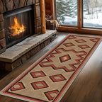 Brown Base Red Black Diamond Runner Rug, 2x10ft Zigzag Pattern Hallway Runner Rug, Corridor & Foyer High-Traffic Area Rugs, Durable Flannel Carpet Non-Slip Mat, Southwestern Home Decor