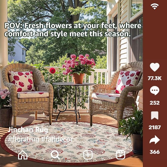 jinchan Elora 7ft Floral Round Rug for Dining Room Washable Living Room Rug Vintage Romance Design Non Slip Indoor Floor Cover Lightweight Low-Profile Throw Carpet for Bedroom Porch Patio, Red/Beige