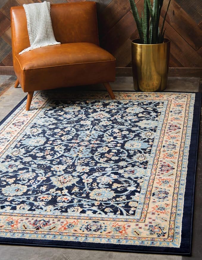 Unique Loom Sialk Hill Collection Area Rug - Washington (6' 1" x 9' Rectangle Navy Blue/Cream)