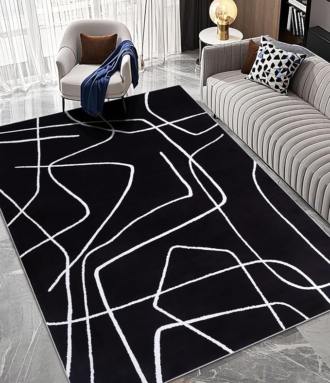 YIHOUSE Modern Washable Area Rug for Living Room Bedroom - Large Abstract Black and White Rug Non-Slip Ultra-Thin Home Decor (Dark Abstract, 5'x7'ft)