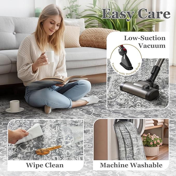Grey Vintage 3x5 Entryway Rug Indoor Foyer, Neutral Gray Throw Rug for Kitchen Bathroom, Machine Washable Non Slip Thin Area Rug for Nursery/Bedroom Bedside/Home Office/Dorm