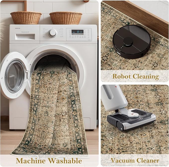 Moynesa Vintage Brown Washable 5x7 Area Rugs for Living Room, Boho Area Rug for Bedroom Dining Room Kitchen, Low Pile Soft Non-Slip Retro Carpets for Office Indoor Nursery