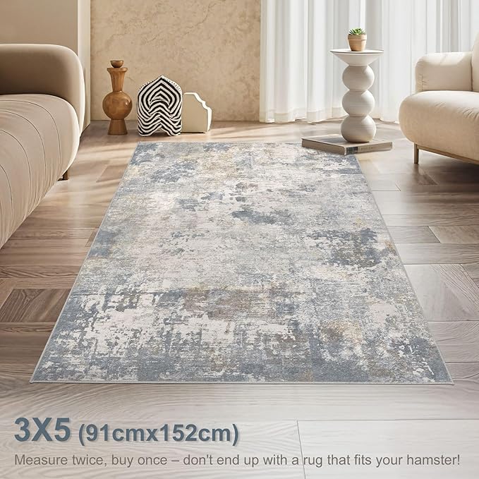3x5 Area Rug Living Room Rugs - Washable Neutral Modern Abstract Soft Thin Rug Indoor Floor No Slip Rug Carpet for Bedroom Under Dining Table Home Office Decor - Blue Grey