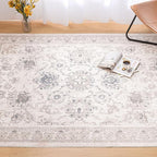 Phantoscope Washable Area Rug 4'x6' Non-Slip, Vintage Neutral Rugs for Living Room, Bedroom, Dining Room, Distressed Boho Floral Medallion Pattern, Low-Pile Foldable Floor Carpet, Cream Beige/Neutral