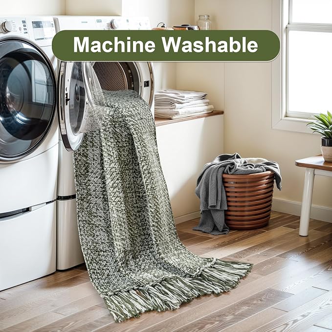 Collive Boho Runners for Hallways 2x7 ft, Washable Kitchen Runner Rug Low-Profile Neutral Indoor Entryway Rug, Olive Green/Cream Braided Cotton Floor Carpet for Laundry Room Bedroom Doorway