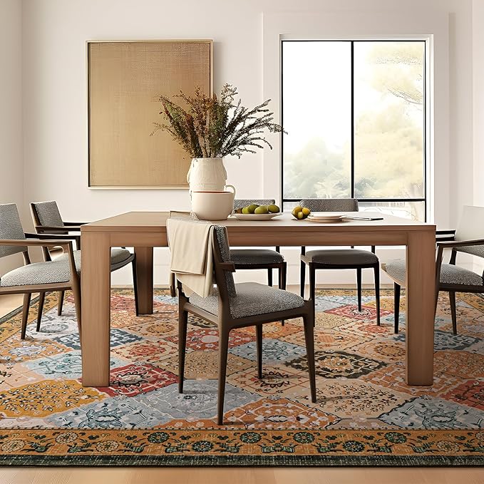 Phantoscope Washable Area Rug 6'x9' Non-Slip, Vintage Boho Rugs for Living Room, Bedroom, Dining Room, Distressed Moroccan Mosaic Diamond Pattern, Low-Pile Foldable Floor Carpet, Terracotta/Rust
