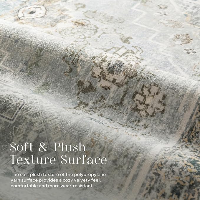 Phantoscope Washable Area Rug 6'x9' Non-Slip, Vintage Neutral Rugs for Living Room, Bedroom, Dining Room, Distressed Boho Medallion Pattern, Low-Pile Foldable Floor Carpet, Silver Grey/Taupe