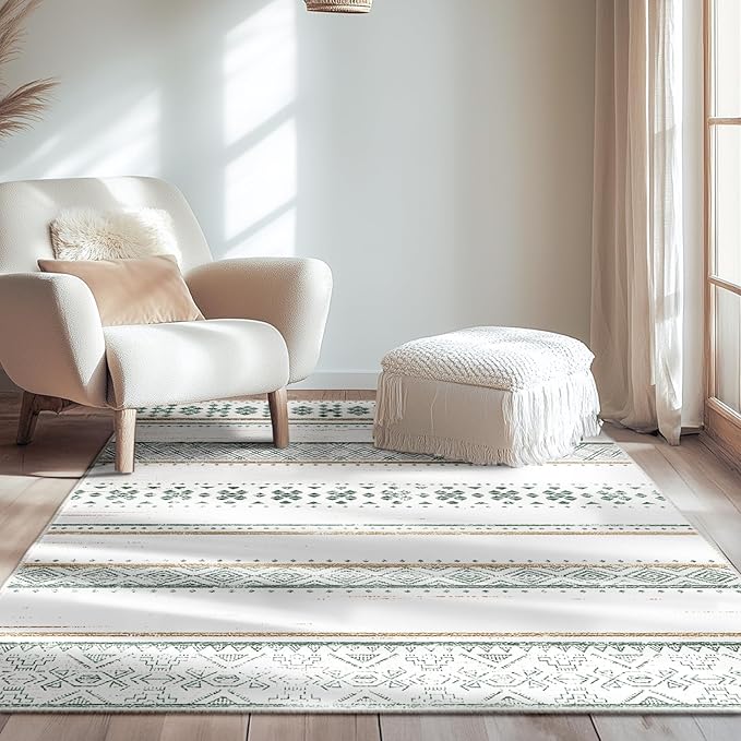 BESTSWEETIE 3x5 Area Rugs for Living Room Washable Moroccan Farmhouse Neutral Geometric Low Pile Non-Slip Soft Print Pattern Rug for Bedroom Kitchen Dining Room Entryway Green/Brown