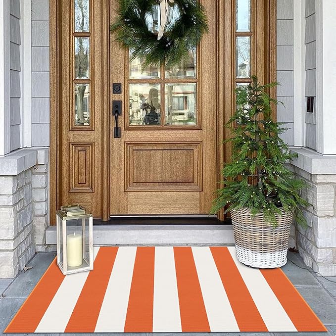 KOZYFLY Striped Rug 27.5x43 Inches Orange and White Halloween Fall Front Door Rug Hand Woven Area Rugs Washable Outdoor Doormats Indoor Entrance Mat for Front Porch Kitchen Entryway Patio Holiday