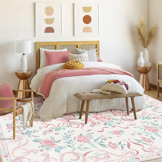 Pink Rug Bow Floral 8x10 Rug, Washable Area Rugs for Bedroom Living Room, Dining Room,Kids Room, Office,Playroom, Boho Modern Aesthetic Farmhouse Decor Non Slip Low Pile Carpet