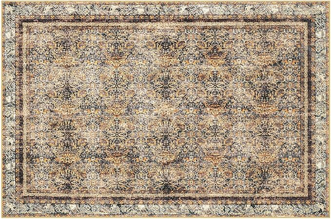 Phantoscope Washable Area Rug 9'x12' Non-Slip, Vintage Neutral Rugs for Living Room, Bedroom, Dining Room, Distressed Boho Floral Medallion Pattern, Low-Pile Foldable Carpet, Brown/Charcoal Spice