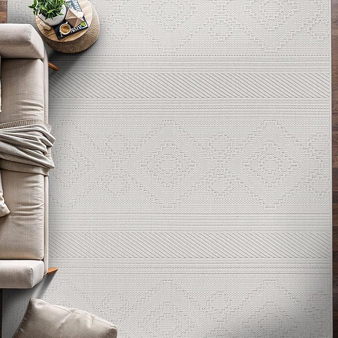 Beverly Rug Micro Loop Area Rug White 6x9 Modern Luxury Soft Boho Geometric Durable Indoor Area Rugs for Living Dining Room Office Stain Resistant Non Shedding Casual Indoor Carpet White 6 x 9
