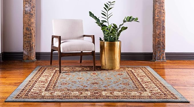 Unique Loom Voyage Collection Traditional Oriental Classic Intricate Design Area Rug (4' 0 x 4' 0 Square, Light Blue/Gold)