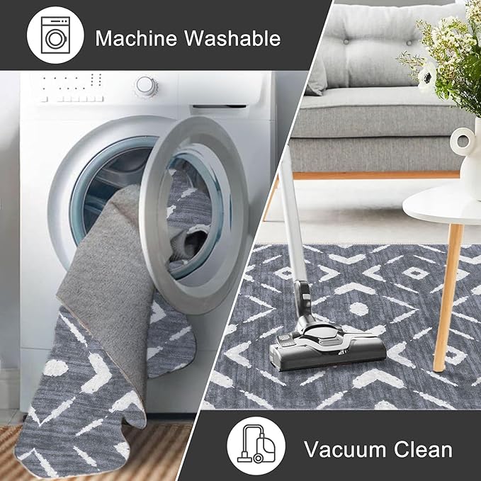 KILOCOCO Living Room Rug 5x7 Area Rug Printed Boho Washable Bedroom Rugs Non Slip Soft Large Moroccan Rubber Backed Indoor Rugs for Dining Room Office Farmhouse Geometric Carpet,Dark Grey