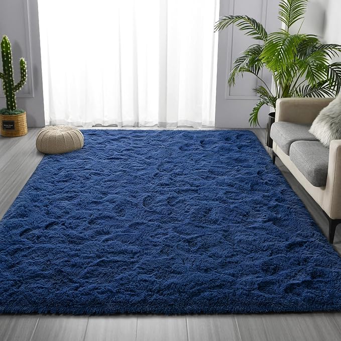 Large Shag Area Rugs 6 x 9, Plush Fuzzy Rugs for Living Room, Ultra Soft Fluffy Furry Rug for Bedroom, Indoor Carpet Nursery Rugs for Kids Room Home Decor, Navy Blue