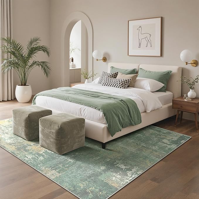 5x7 Area Rugs Washable Green Rug for Living Room Bedroom, Abstract Modern Large Rug Non Slip, Water Repellent Low Pile Soft Carpet for Dining Room, Grey Green