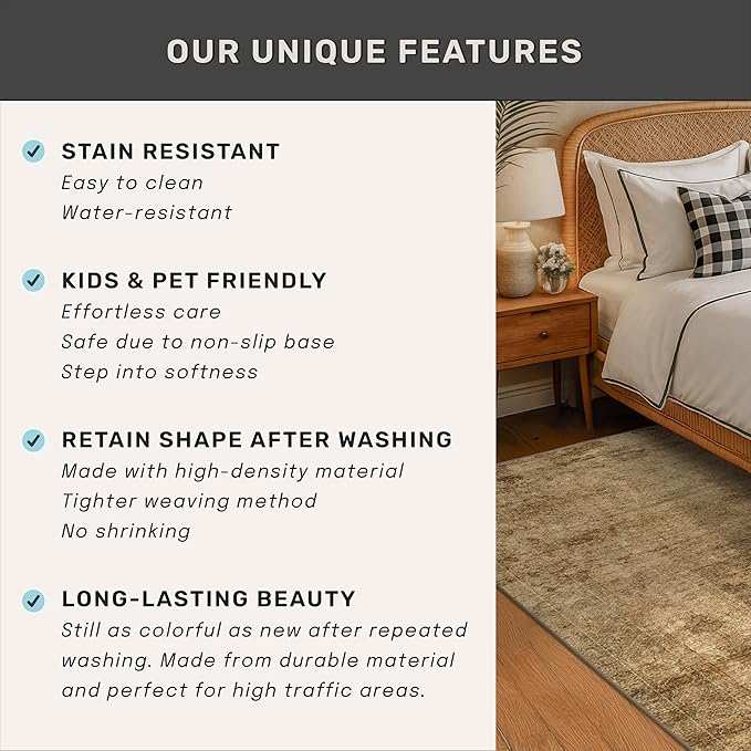 Large Brown Golden Rug for Dining Room Table - Rustic Farmhouse 9x12 Area Rug for Living Room, Bedroom Under Bed, Non Slip with Rubber Backing & Stain Resistant