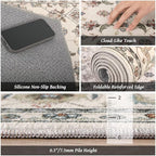 Washable 9x12 Area Rugs for Living Room, Boho Non-Slip Vintage Distress Lager Rugs for Bedroom Dining Room Nursery Office, 0.3" Neutral Oriental Throw Thin Carpet, Beige/Rust/Green/Multi