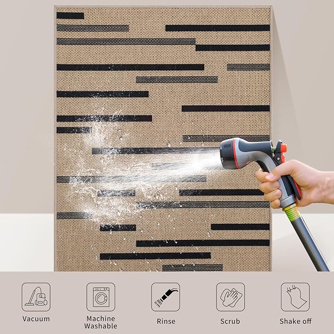 Tangsoo Stripe Easy Jute Rug,Ultra Thin 3x5 Washable Area Rug for Bedroom,Non-Slip Black Indoor Outdoor Rug Modern Low Pile Carpet Farmhouse Non Shedding Mat for Patio Backyard Entryway