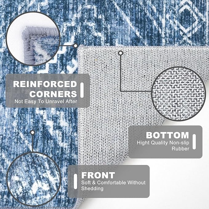 KILOCOCO Hallway Runner Rug 3x8 Runners for Hallways Washable Runner Rug Non Slip Rubber Backed Low-Pile Runners for Bedroom Kitchen Living Room Laundry Room Boho Rugs, Stonewashed Blue