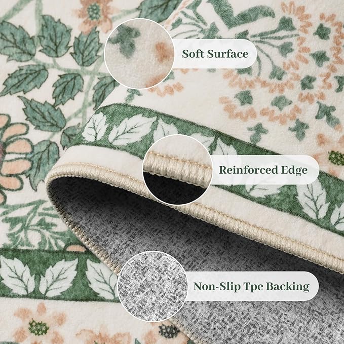 8x10 Area Rugs Living Room Rug - Floral Vintage Forest Washable Carpet, Low Pile Non-Slip Stain Resistance Boho Soft Large Carpet for Bedroom, Dining Room, Office, Farmhouse (8'x10' Beige Green)