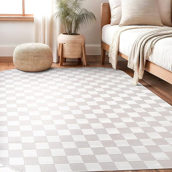 Beverly Rug Modern Geometric Area Rug 9x12 Low-High Pile Durable Soft Abstract Checkered Indoor Rugs for Living Dining Room Office Stain Resistant Non Shedding Casual Indoor Carpet Beige White 9 x 12