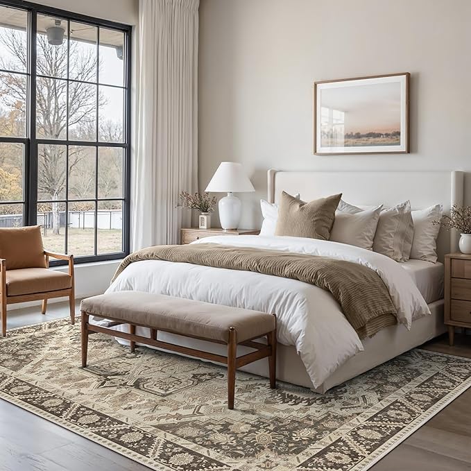 8x10 Area Rug Machine Washable Boho Rug for Living Room,Ultra-Thin Low Pile Carpet,Lightweight Indoor Printed Rug,Non Slip Floral Area Rug for Bedroom, Dining Room, Home Office,Brown
