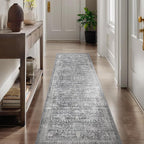 Grey 2x6 Runner Rug for Hallways Entryway, Vintage Neutral Kitchen Bathroom Runner 6ft, Non Slip Washable Low Pile Thin Carpet Runner for Mudroom/Laundry Room/Bedroom Bedside