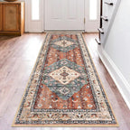KOZYFLY Runners for Hallways 2.6x8 Ft Washable Kitchen Runner Rug Boho Runner Rug for Entryway Indoor Rust/Orange/Blue Printed Oriental Faux Wool Floor Carpet Runner for Bedroom Kitchen Hall