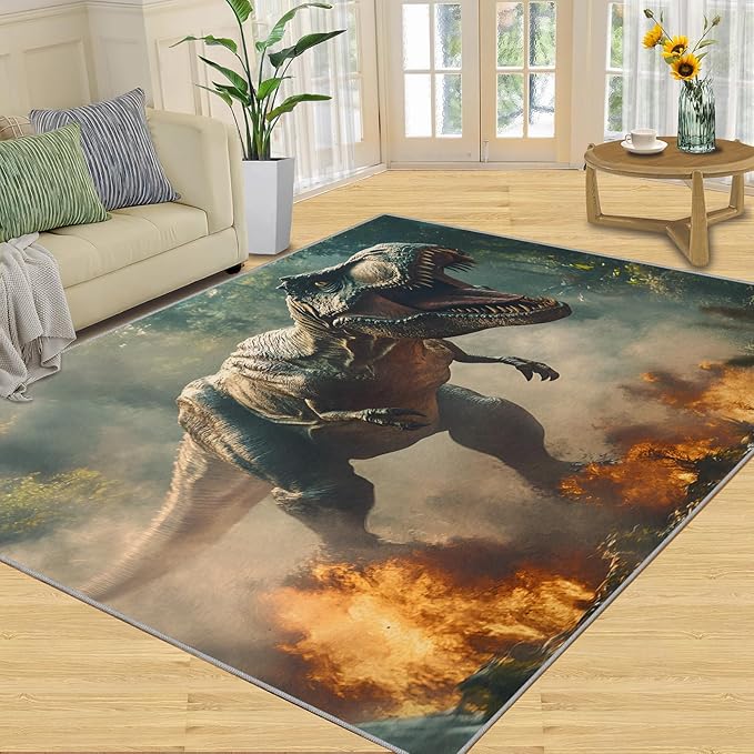 Dinosaurs Rugs for Bedroom - 5x7 Area Rug - Flame Dinosaurs Rugs for Living Room, Forest Landscape Rug, Washable Home Decor Carpet