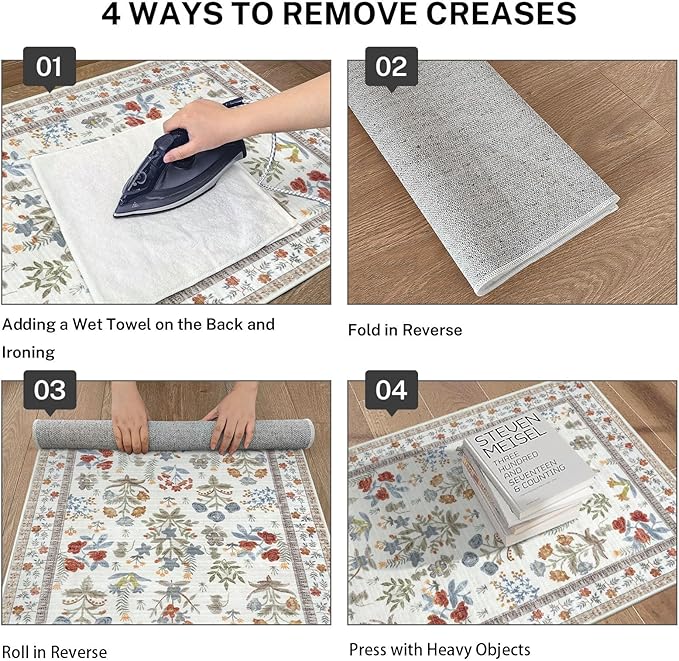 Boho Floral Machine Washable Runner Rug 2x6, Ivory Kitchen Runner Rug Non-Slip, Super Thin Hallway Rug Runner Printed Faux Wool Soft Carpet for Entryway Bedroom Laundry Room Indoor