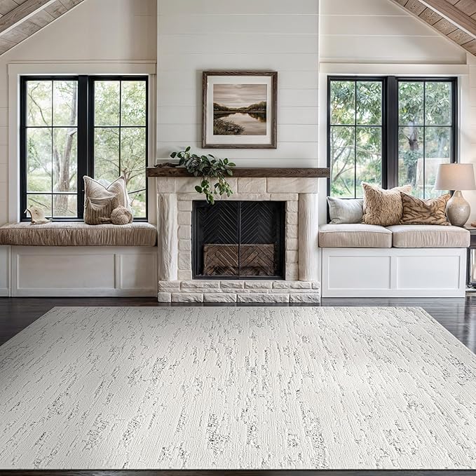 Beverly Rug Micro Loop Area Rug White/Gray 6x9 Abstract Modern Luxury Brushstroke Durable Soft Indoor Rugs for Living Dining Room Office Stain Resistant Non Shedding Casual Indoor Carpet 6 x 9