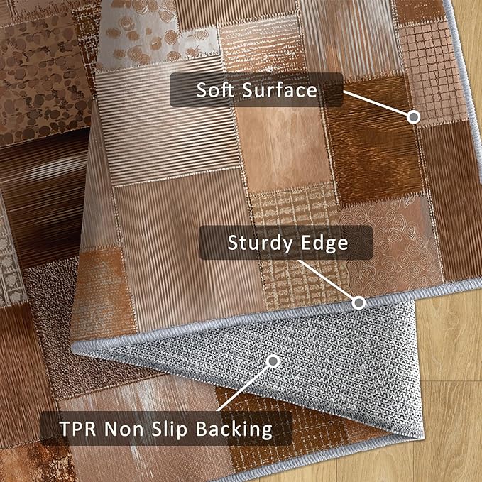 Patchwork Rug Small, Washable 2x3 Throw Rug for Entryway, Geometric Brown Patterned Indoor Door Mat, Patchwork Decor for Home, Bedroom, Soft Non Slip Thin Design FER2